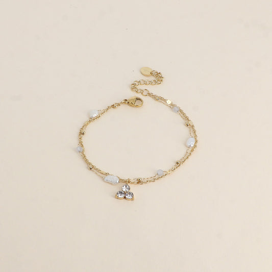 Bracelet Isabeau - 2 rangs, pierres naturelles agates blanches, perles d'eau douce et 3 cristaux (16+3 cm)