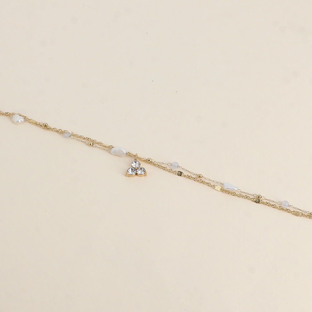 Bracelet Isabeau - 2 rangs, pierres naturelles agates blanches, perles d'eau douce et 3 cristaux (16+3 cm)