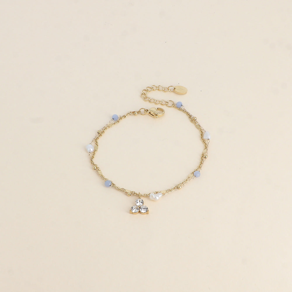 Bracelet Isabeau - 2 rangs, pierres naturelles agates bleues, perles d'eau douce et 3 cristaux (16+3 cm)