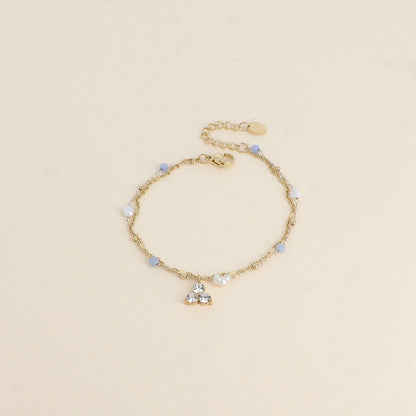 Bracelet Isabeau - 2 rangs, pierres naturelles agates bleues, perles d'eau douce et 3 cristaux (16+3 cm)