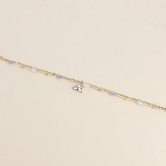 Bracelet Isabeau - 2 rangs, pierres naturelles agates bleues, perles d'eau douce et 3 cristaux (16+3 cm)