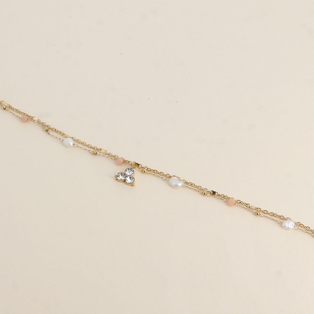 Bracelet - 2 rangs, pierres naturelles agates oranges, perles d'eau douce et 3 cristaux (16+3 cm)