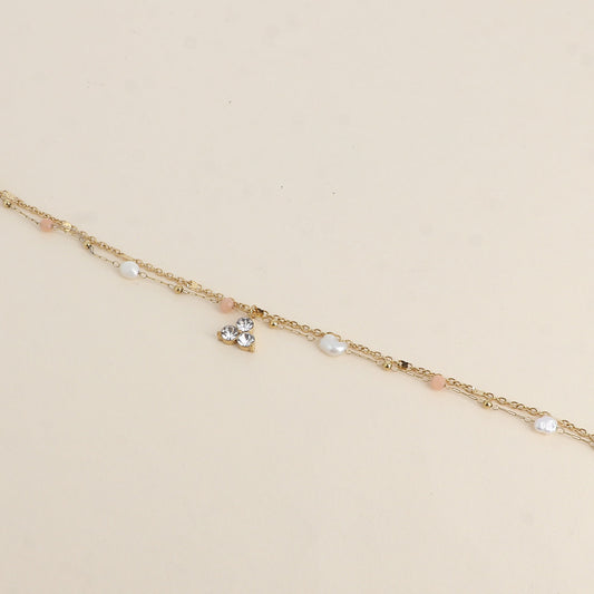 Bracelet - 2 rangs, pierres naturelles agates oranges, perles d'eau douce et 3 cristaux (16+3 cm)