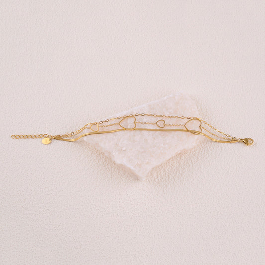 Bracelet 3 rangs - mailles miroir, forçat et cœurs ajourés (16+3 cm)