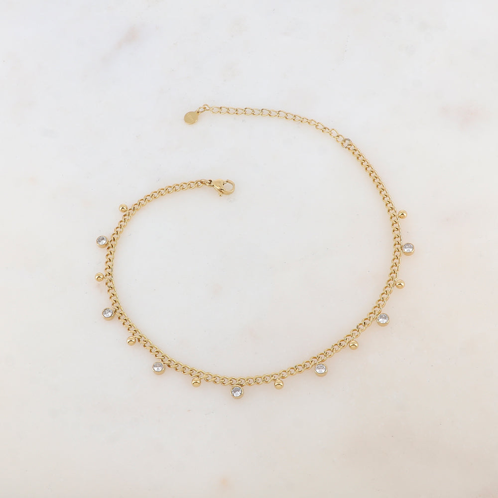Chaîne de cheville avec petites boules et strass (23+5CM)