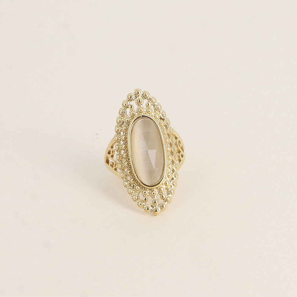Bague - pierre œil de chat blanc, anneau effet mil grain ajouré