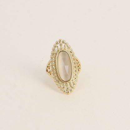 Bague - pierre œil de chat blanc, anneau effet mil grain ajouré