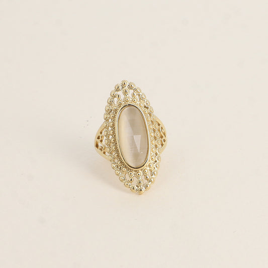 Bague - pierre œil de chat blanc, anneau effet mil grain ajouré