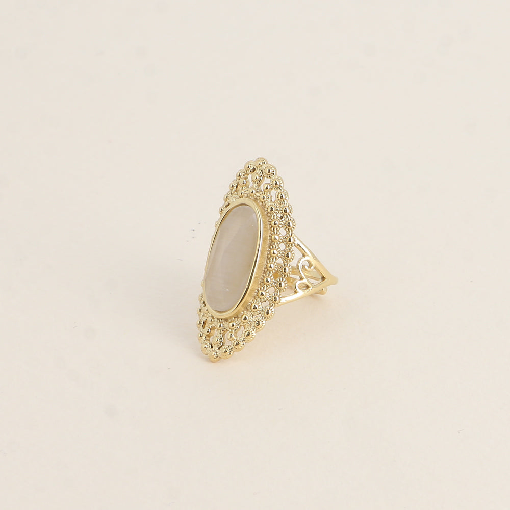Bague - pierre œil de chat blanc, anneau effet mil grain ajouré