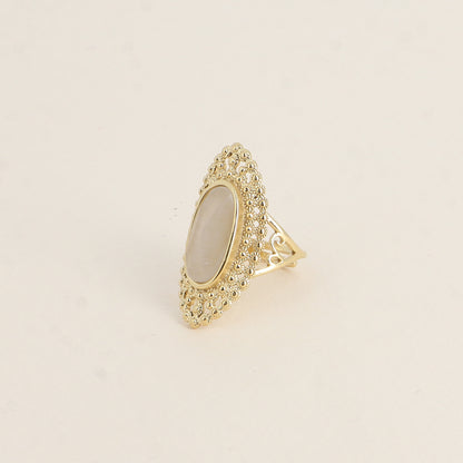 Bague - pierre œil de chat blanc, anneau effet mil grain ajouré