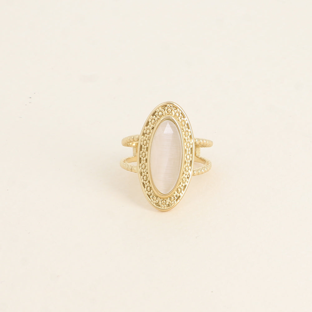 Bague - pierre œil de chat blanc, anneau effet milgrain