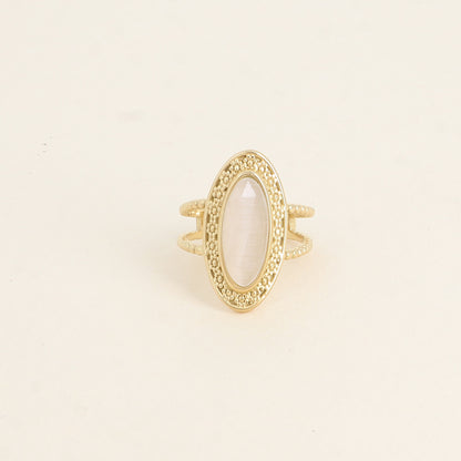 Bague - pierre œil de chat blanc, anneau effet milgrain