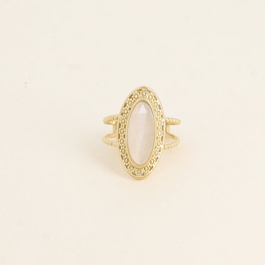 Bague - pierre œil de chat blanc, anneau effet milgrain