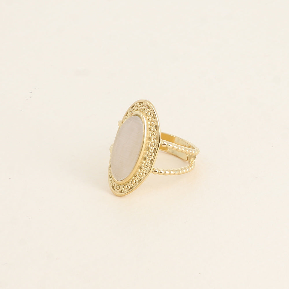 Bague - pierre œil de chat blanc, anneau effet milgrain