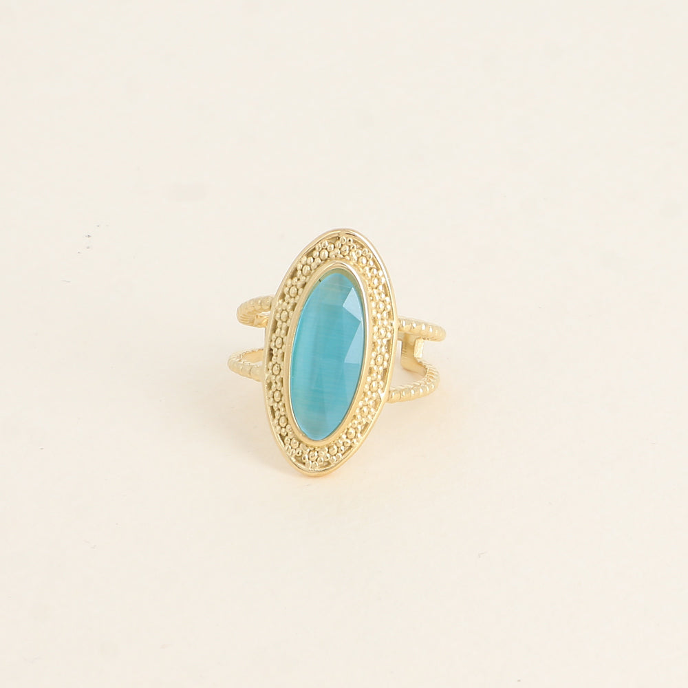 Bague - pierre œil de chat bleu, anneau effet mil grain