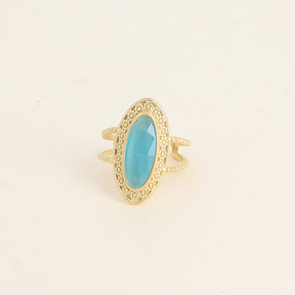 Bague - pierre œil de chat bleu, anneau effet mil grain