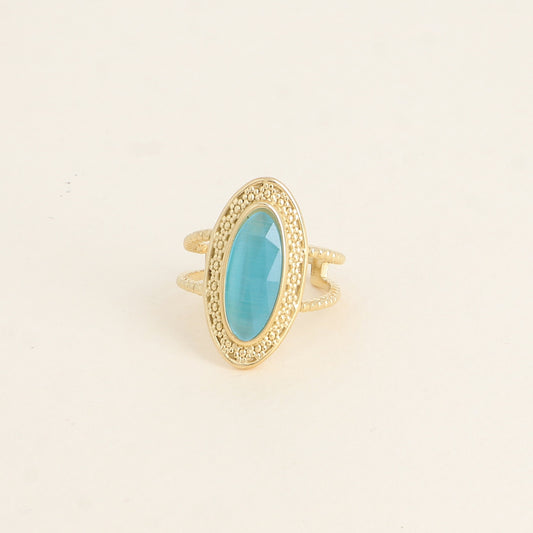 Bague - pierre œil de chat bleu, anneau effet mil grain