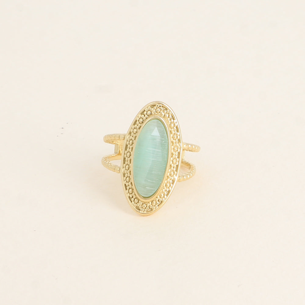 Bague - pierre œil de chat vert, anneau effet mil grain
