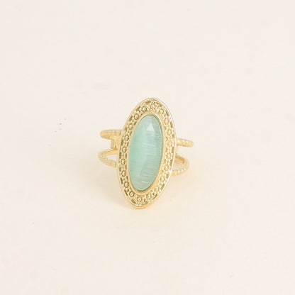 Bague - pierre œil de chat vert, anneau effet mil grain