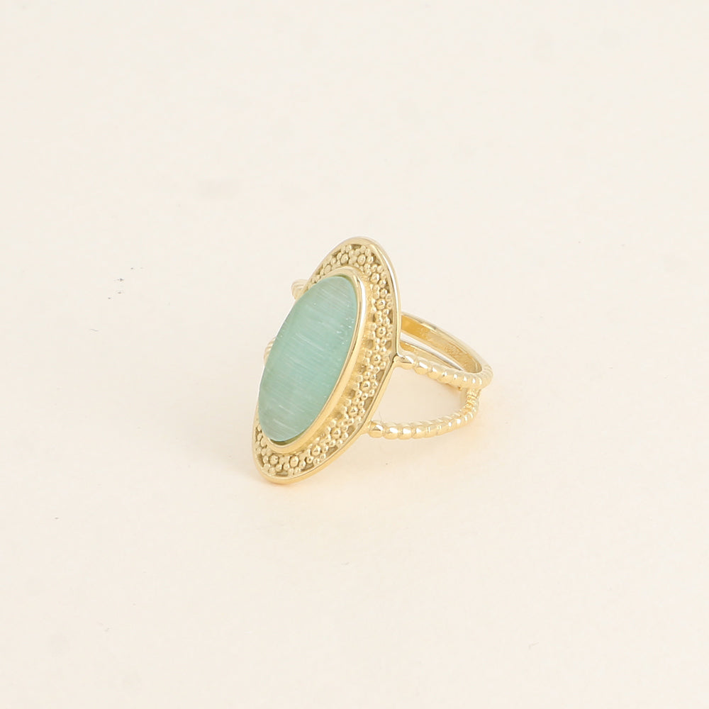 Bague - pierre œil de chat vert, anneau effet mil grain