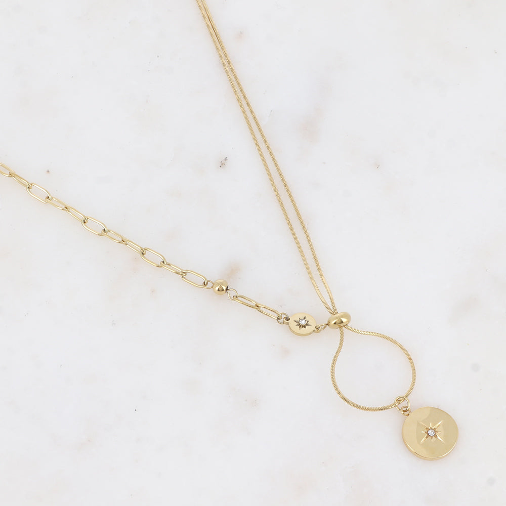 Collier en maille avec pampille ronde, strass, étoile, petite boule et rondelle (45+5CM)