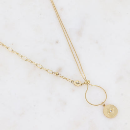 Collier en maille avec pampille ronde, strass, étoile, petite boule et rondelle (45+5CM)