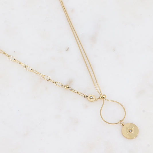 Collier en maille avec pampille ronde, strass, étoile, petite boule et rondelle (45+5CM)