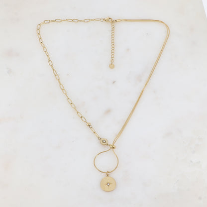 Collier en maille avec pampille ronde, strass, étoile, petite boule et rondelle (45+5CM)