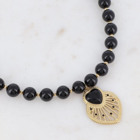 Collier avec pierre naturelle Onyx, cœur et strass (42+7CM)