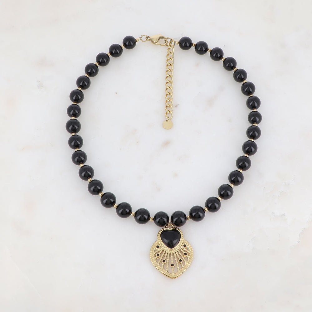 Collier avec pierre naturelle Onyx, cœur et strass (42+7CM)