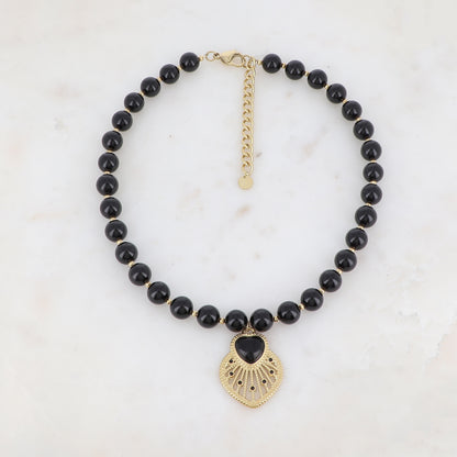 Collier avec pierre naturelle Onyx, cœur et strass (42+7CM)