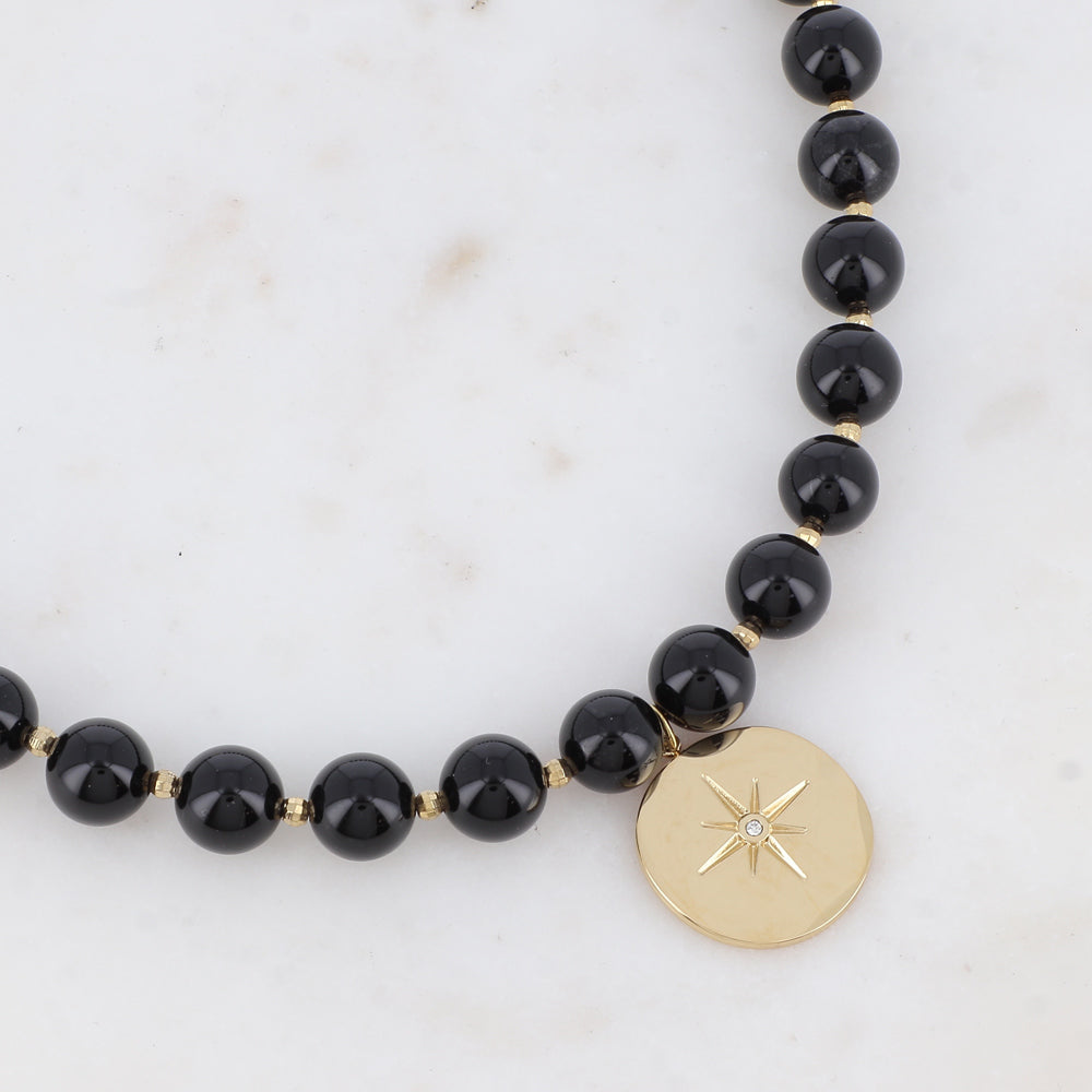 Collier avec pierre naturelle Onyx, étoile et strass (42+7CM)