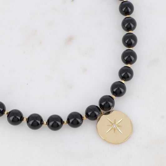 Collier avec pierre naturelle Onyx, étoile et strass (42+7CM)