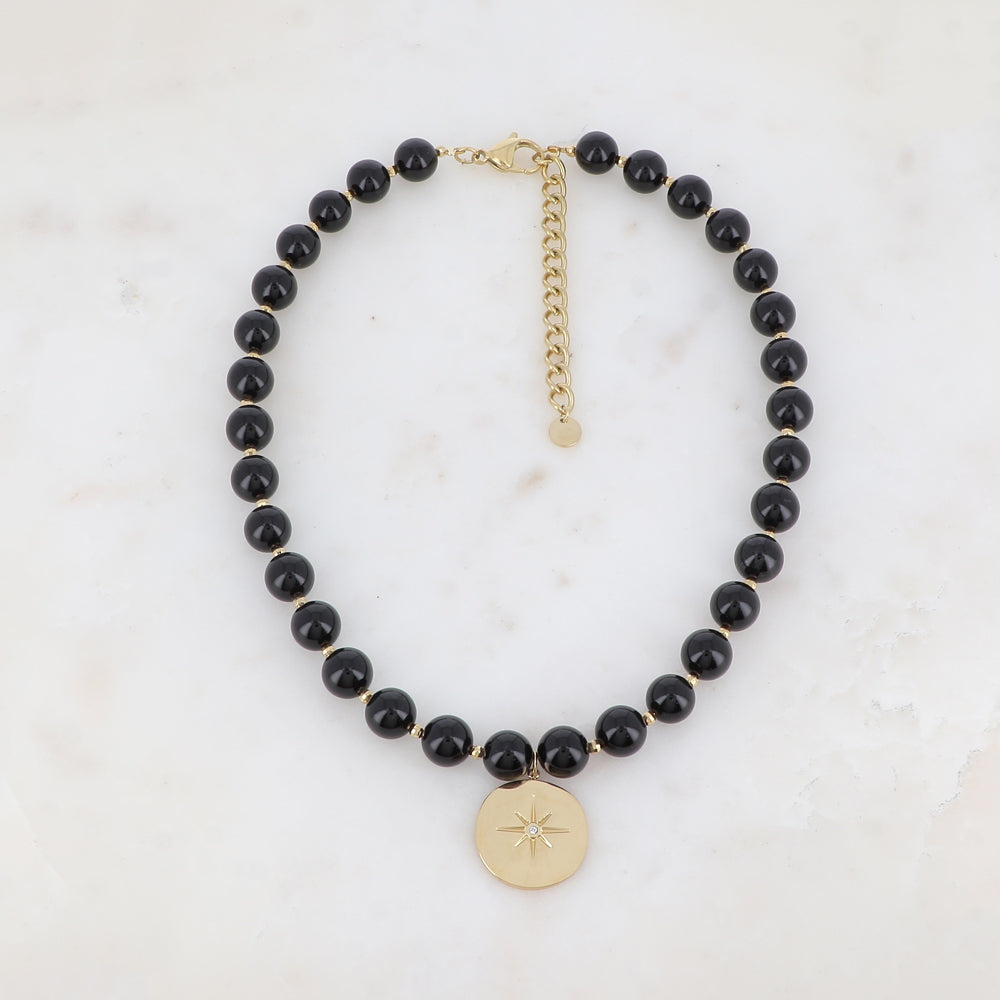 Collier avec pierre naturelle Onyx, étoile et strass (42+7CM)