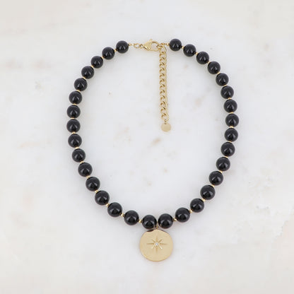 Collier avec pierre naturelle Onyx, étoile et strass (42+7CM)
