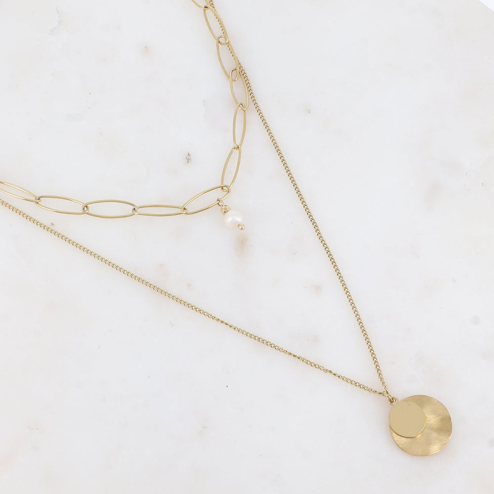 Collier 2 rangs avec perle d'eau douce et 2 pampilles rondes (38/50+7CM)