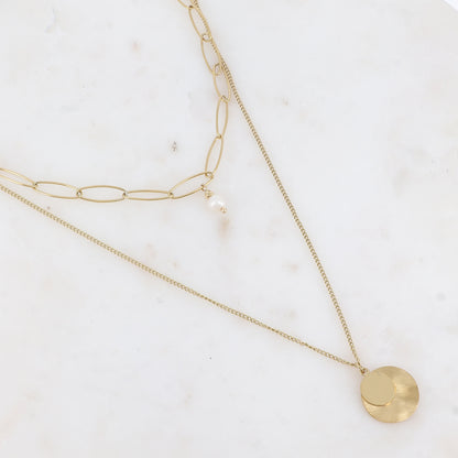 Collier 2 rangs avec perle d'eau douce et 2 pampilles rondes (38/50+7CM)