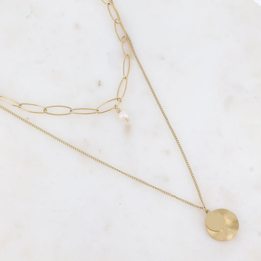 Collier 2 rangs avec perle d'eau douce et 2 pampilles rondes (38/50+7CM)