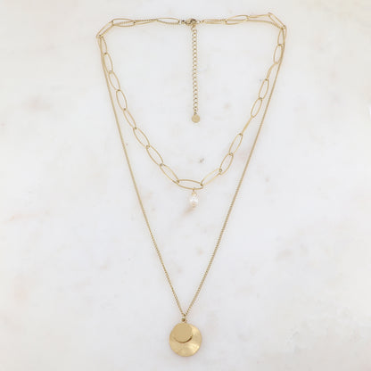 Collier 2 rangs avec perle d'eau douce et 2 pampilles rondes (38/50+7CM)