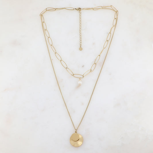 Collier 2 rangs avec perle d'eau douce et 2 pampilles rondes (38/50+7CM)