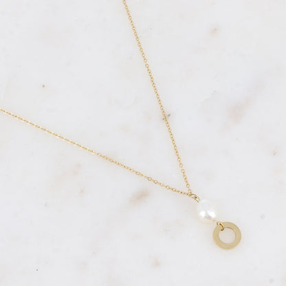 Collier avec anneau rond et perle d'eau douce (37.5+5CM)