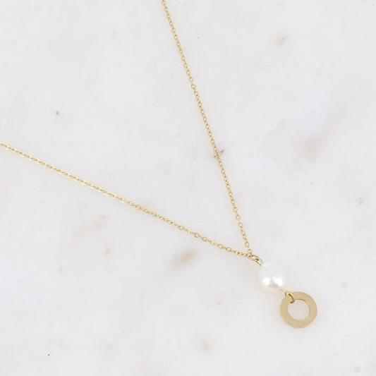 Collier avec anneau rond et perle d'eau douce (37.5+5CM)