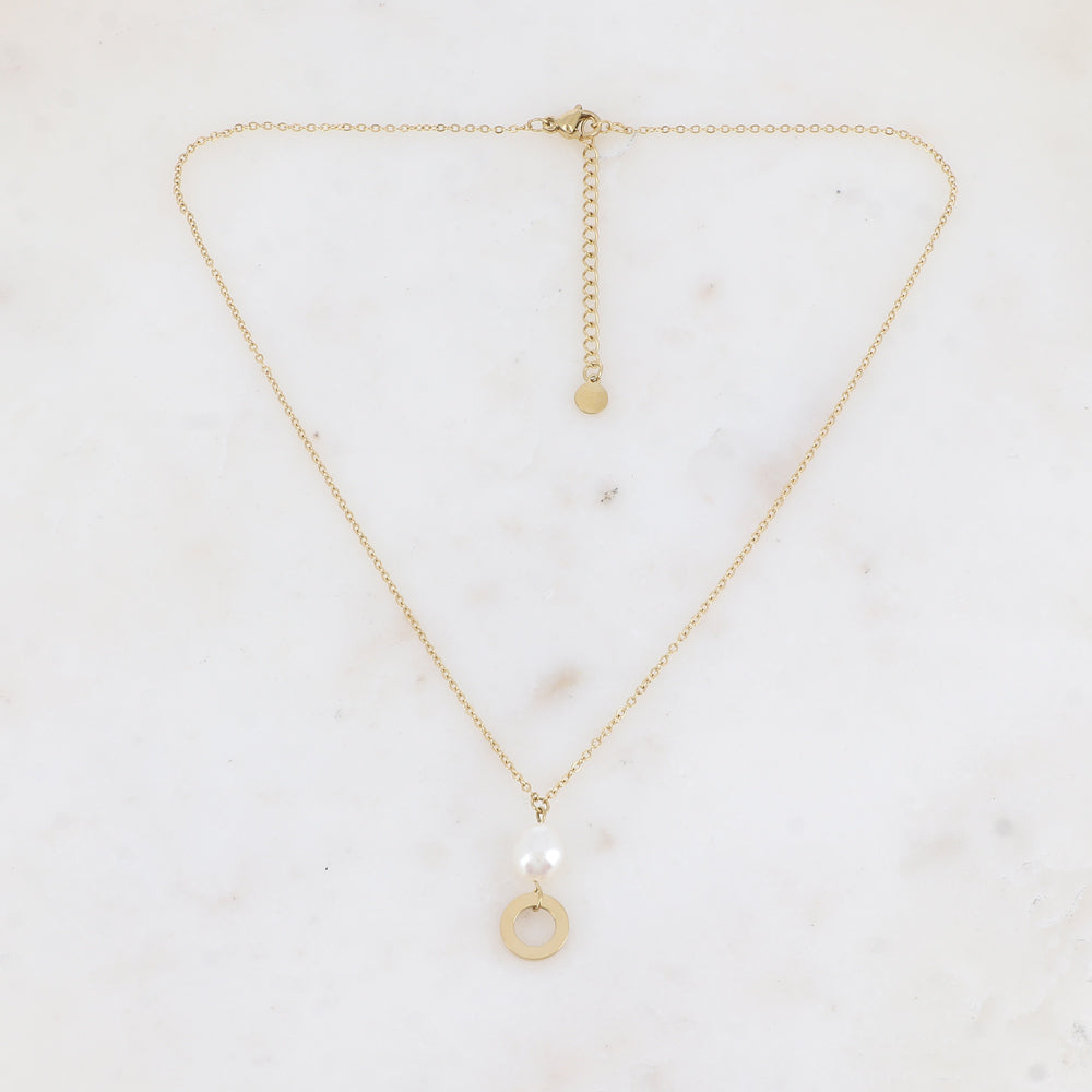 Collier avec anneau rond et perle d'eau douce (37.5+5CM)