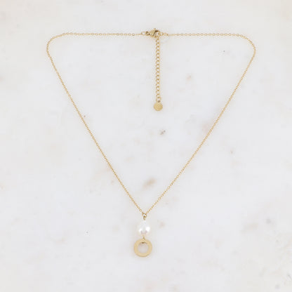 Collier avec anneau rond et perle d'eau douce (37.5+5CM)