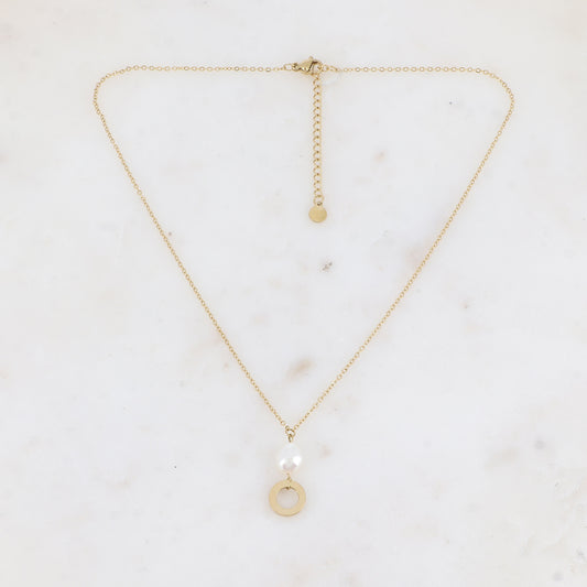 Collier avec anneau rond et perle d'eau douce (37.5+5CM)