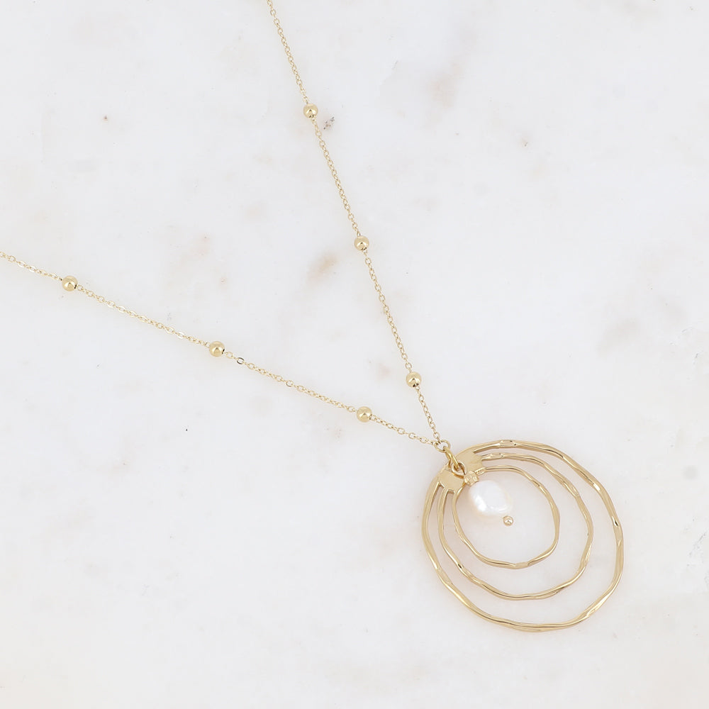 Sautoir avec pendentif en multi-anneaux et perle d'eau douce (85+5CM)