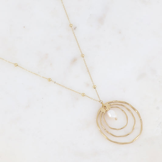 Sautoir avec pendentif en multi-anneaux et perle d'eau douce (85+5CM)