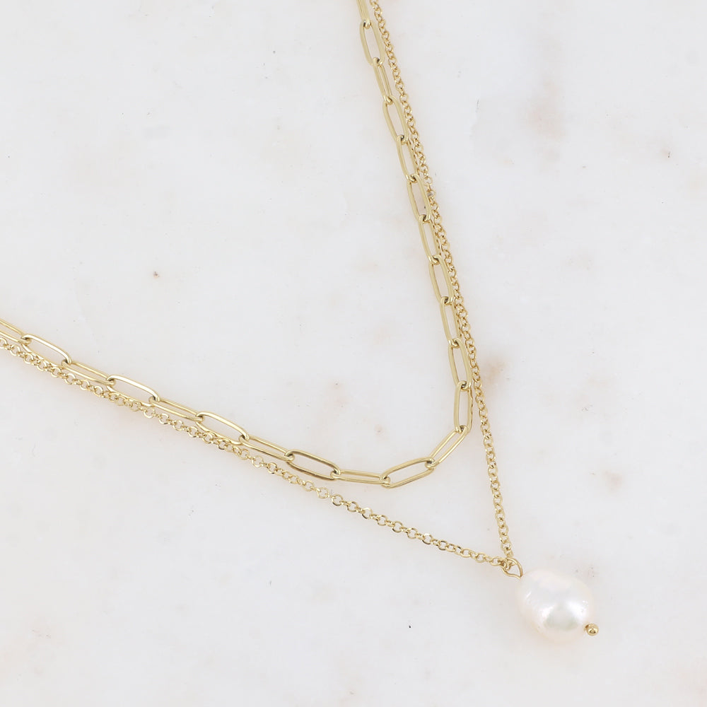 Collier 2 rangs avec maille et perle d'eau douce (38.5/40.5+5CM)