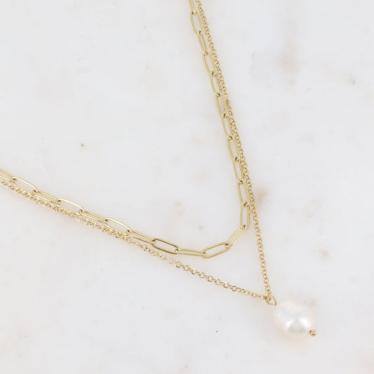 Collier 2 rangs avec maille et perle d'eau douce (38.5/40.5+5CM)