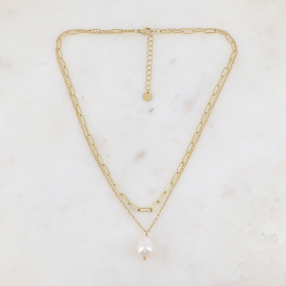 Collier 2 rangs avec maille et perle d'eau douce (38.5/40.5+5CM)